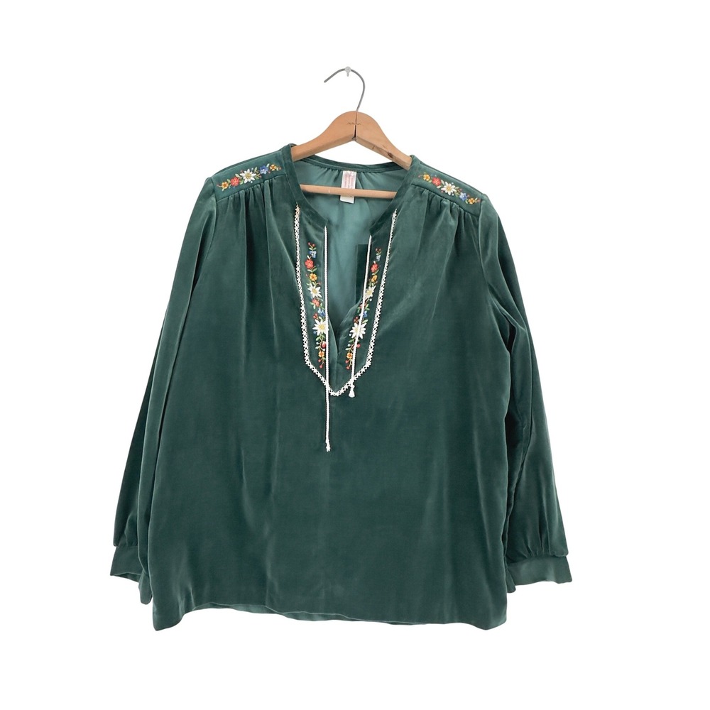 Vintage (est. 70's) Swiss Embroidery Velvet Floral Tunic Green Velvet L